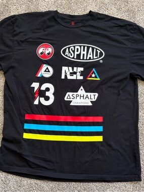 Asphalt Black Short Sleeve Tee with Red, Blue, Yellow Graphic